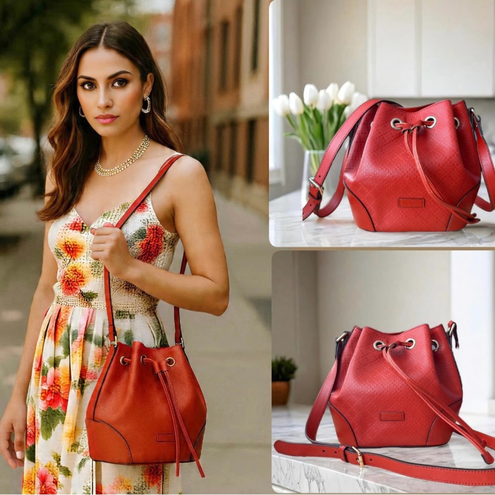 Gucci ❤️🔥EUC Diamante RED Leather Bucket Bag Crossbody Bag - Picture 3 of 13
